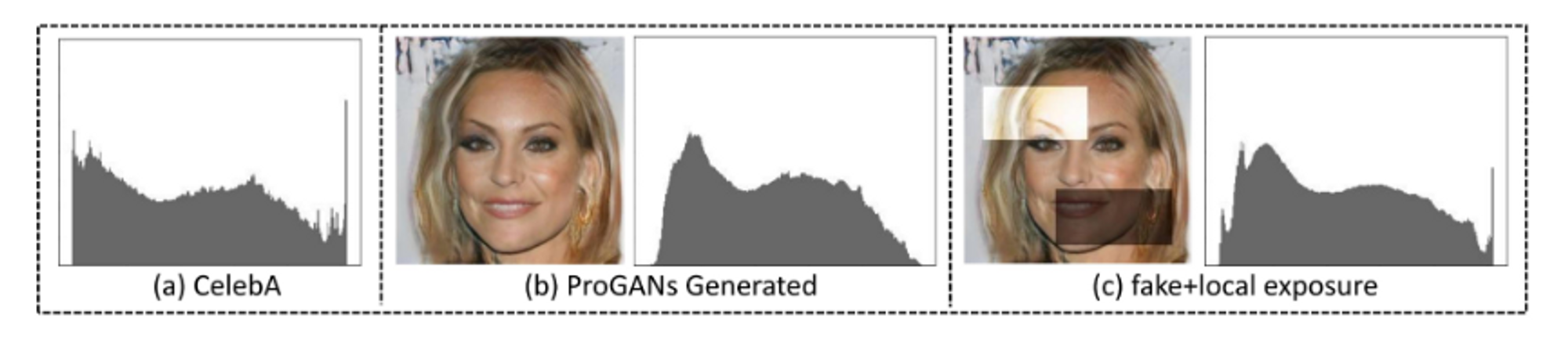 fig2.亮度统计差异。(a)展示了自然人脸数据集的平均亮度直方图，(b)展示了ProGAN生成的缺乏饱和曝光不足区域的伪造人脸数据集的平均亮度直方图。(c)是与(b)部分曝光调整相同的数据集。调整局部亮度后，伪图像直方图中出现饱和和欠曝光像素值。