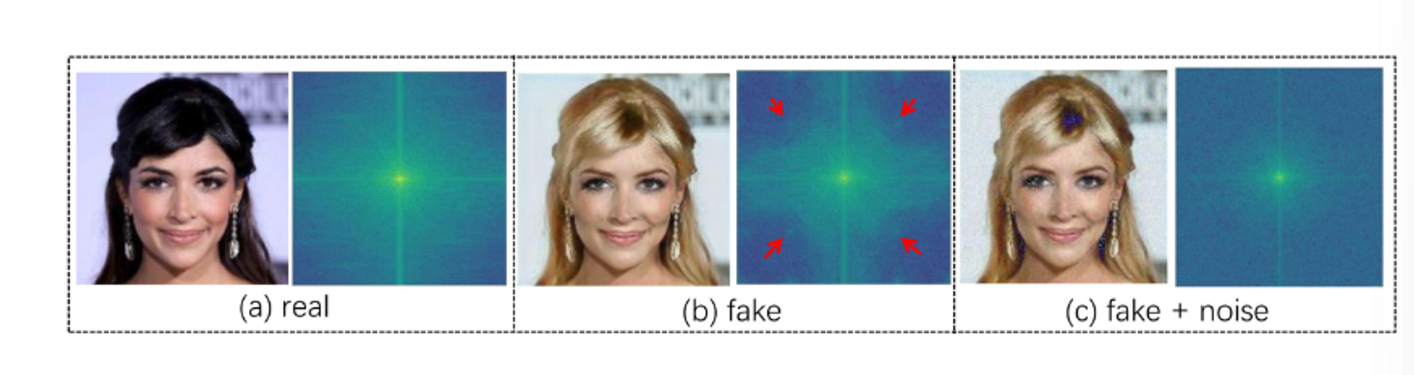 fig4.频率统计差异（频谱图）。(a)为真实人脸图像。(b)为经过Stargam篡改的图像，(c)为加入随机噪声的伪造图像。它们的直方图显示在每幅图像的右边。与自然图像相比，星敏图像（用红色箭头指示）的频谱图中出现了规则的频率伪影。加入噪声后，伪影图像中的高频伪影消失。